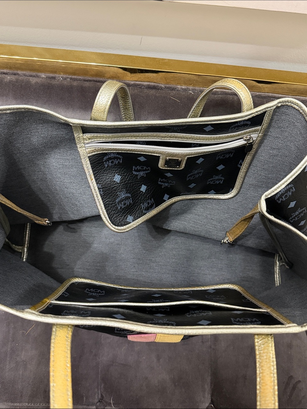 MCM Black Logo Tote with Pink and Yellow Stripe and Silver/Gold Trim - Picture 6 of 10